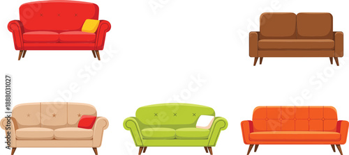 Set of colorful modern sofas vector illustration, cozy couch furniture collection for living room interior design
