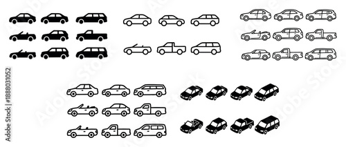 Various car icons in black and white