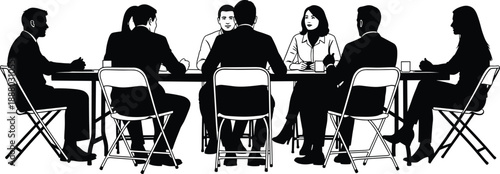 Business meeting silhouette group, corporate team discussion at conference table, professional people collaboration concept, black vector illustration