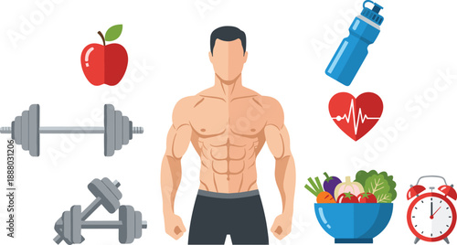 Fitness and healthy lifestyle illustration with muscular male body, workout equipment, nutrition food icons, hydration and heart health symbols, flat vector design on white background
