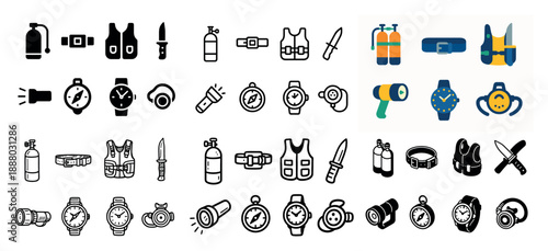 Scuba diving gear and accessories icons