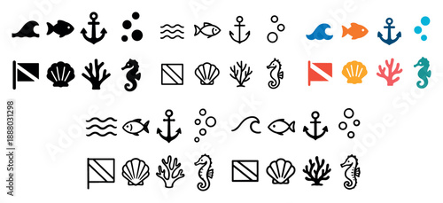 Nautical icon set: sea life and tools