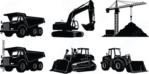 Construction machinery silhouette set, excavator dump truck crane and bulldozer, heavy equipment for industrial building, black vector illustration