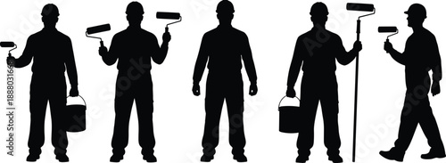 Painter silhouette set, professional workers with paint rollers and buckets, house painting concept, black vector illustration isolated on white background