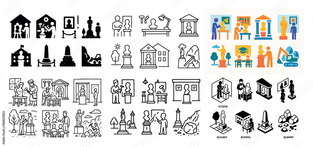 Fototapeta premium Museum and quarry icon set collection