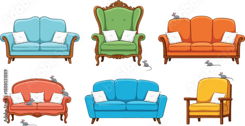 Set of colorful sofas and armchairs with mice vector illustration, cozy furniture collection for home interior design