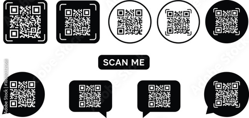 QR code frame icon set with circular square and speech bubble styles for scan marketing labels