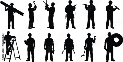 Construction worker silhouette set, builders using tools, industrial labor concept, black vector illustration collection isolated on white background