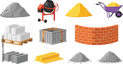 Set of construction materials and building equipment vector illustration, bricks cement sand blocks and tools for industrial design