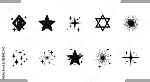 Star sparkle icon set with geometric celestial shapes and glowing effects for decoration branding and mystical designs