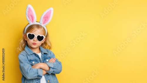 Cute little girl in bunny ears and heart-shaped sunglasses posing with arms crossed on yellow background. Fun Easter fashion concept.