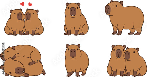 Set of cute capybara cartoon characters vector illustration, funny tropical rodent poses collection for kids animal design