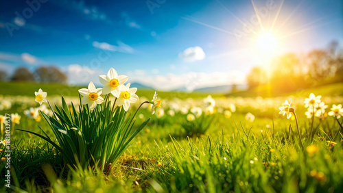 White daffodils on green meadow with sunshine in springtime. flowers blossom