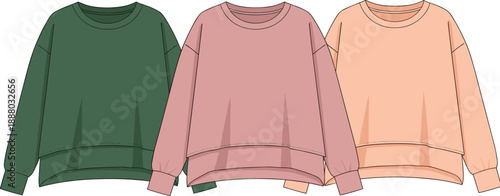 Oversized sweatshirt vector illustration set featuring casual crewneck sweaters in trendy pastel colors, modern streetwear fashion design isolated on white 