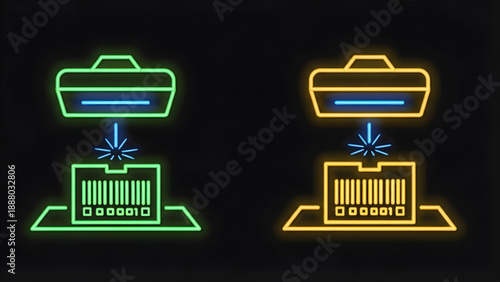 Vibrant neon-lit digital scanning technology representing exclusive Black Friday shopping deals and efficient retail checkout processes, symbolizing modern consumer discounts