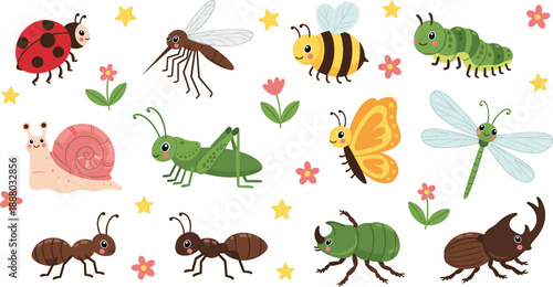 Set of cute cartoon insects and garden bugs vector illustration, colorful nature characters for kids education design
