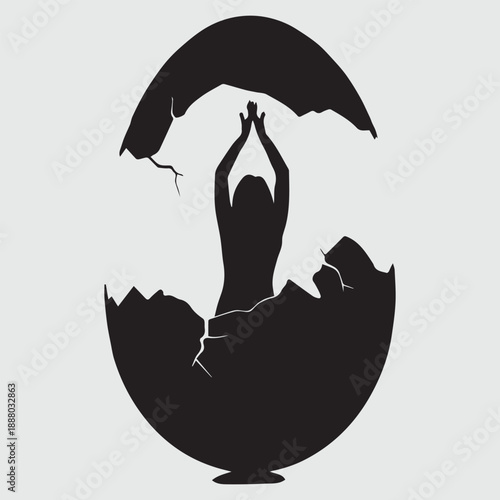 Silhouette of Woman Emerging from Broken Egg, New Beginning, Rebirth and Feminine Power Concept