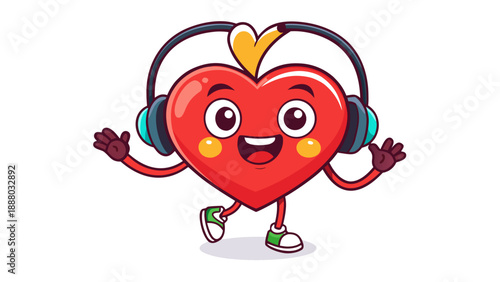 A heart wearing headphones listening to love, playful Valentine illustration, isolated on white