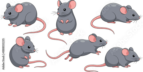 Set of cute cartoon mouse characters vector illustration, little grey rodents in different poses collection for kids design