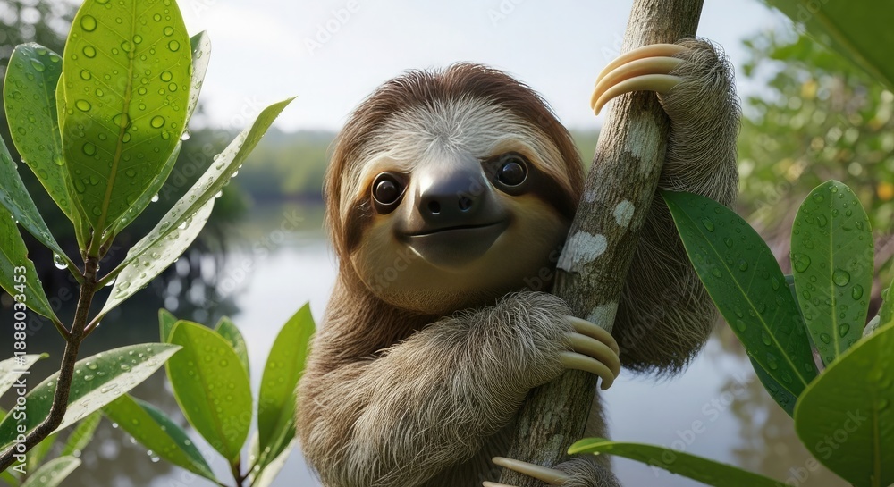 Fototapeta premium A charming three toed sloth clings to a branch in a lush rainforest
