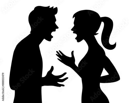 Silhouette of a married couple shouting and arguing with each other, vector illustration.
