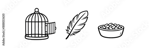 black and white outline bird cage open door feather outline seed cup