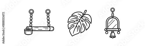 black and white outline parrot perch tropical leaf mirror toy