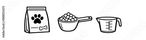 black and white outline pet food bag scoop measuring cup