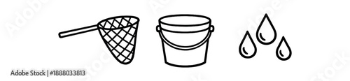 black and white outline fish net bucket water drops