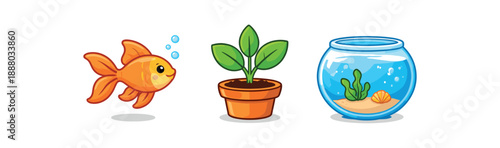 full color flat goldfish orange plant green bowl blue