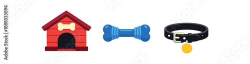 full color flat dog house red chew toy blue collar black