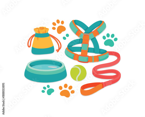 colorful flat vector cozy pets still life layered cutout paper shapes single : dog leash and harness silhouettes water bowl treat pouch blank tennis ball shape pawprint shapes clean 2D