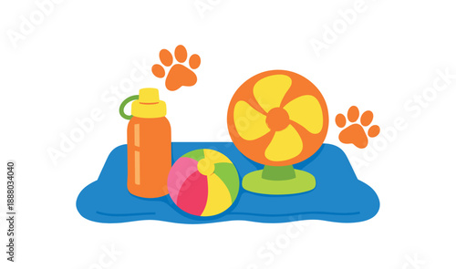 colorful flat vector cozy pets still life layered cutout paper shapes single : summer pet cooling kit with cooling mat silhouette water bottle fan silhouette ball toy pawprints clean 2D