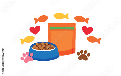 colorful flat vector cozy pets still life layered cutout paper shapes single : cat treat time kit with fish snack shapes treat pouch blank bowl heart shapes pawprints clean 2D crisp edges