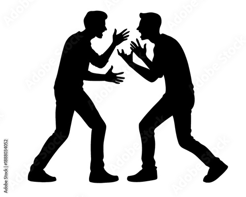 Silhouette of two men arguing while shouting, vector illustration.
