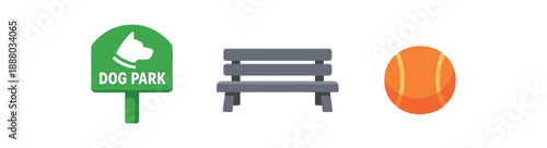 full color flat dog park green bench gray ball orange
