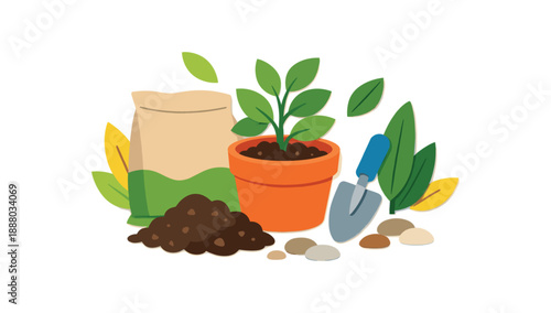 colorful flat vector sustainable gardening composition layered cutout paper shapes single : repotting station with plant pot soil bag blank trowel pebbles shapes leaf shapes clean 2D crisp