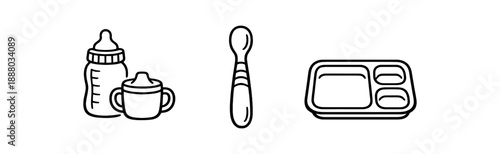 black and white outline baby bottle next to tiny cup training spoon food tray