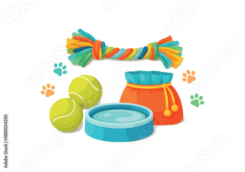 colorful flat vector cozy pets still life layered cutout paper shapes single : dog playdate kit with two tennis balls rope toy water bowl treat pouch blank pawprints clean 2D crisp edges no