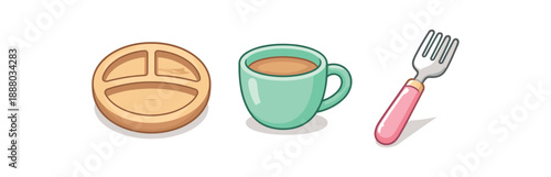 full color flat wooden divider plate beige cup mint fork pink