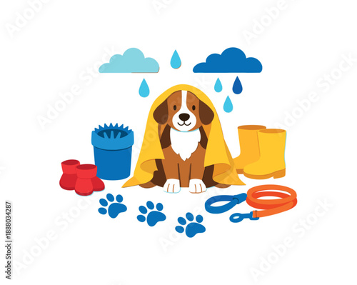 colorful flat vector cozy pets still life layered cutout paper shapes single : dog rainy day drying station with towel paw washer cup silhouette booties shapes leash pawprints clean 2D