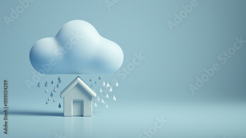 Wallpaper Mural Home Insurance Concept: 3D House Under Rain Cloud on Blue Minimal Background Copy Space Torontodigital.ca