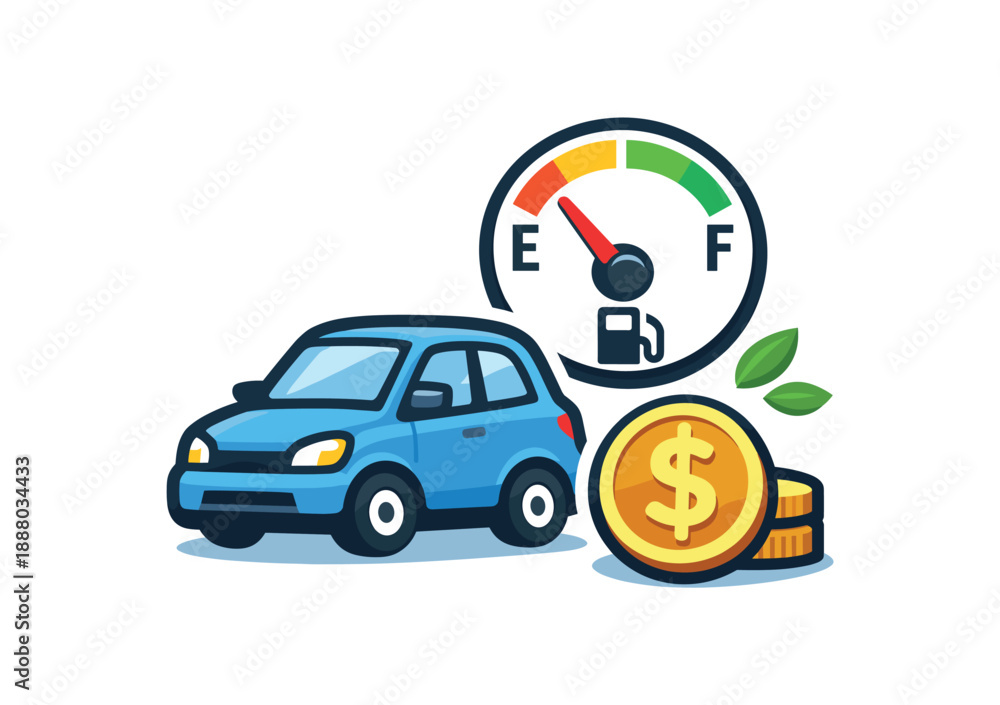 Naklejka premium full color flat icon small with fuel gauge icon and coin symbol mindful transport costs