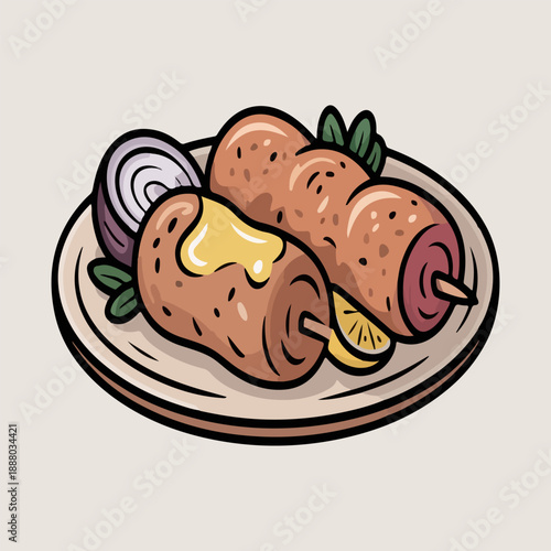 Galouti Kebab Vector Illustration of Traditional Lucknowi Minced Meat Skewers with Garnish