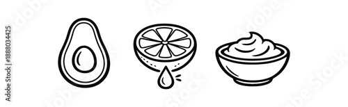 black and white outline avocado half lemon slice puree bowl small droplet showing fresh squeeze