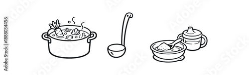 black and white outline pot with veggie stock ladle baby bowl ready for mixing