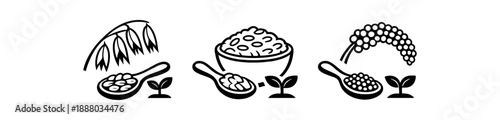 black and white outline organic grain oats rice millet spoon tiny sprout symbol