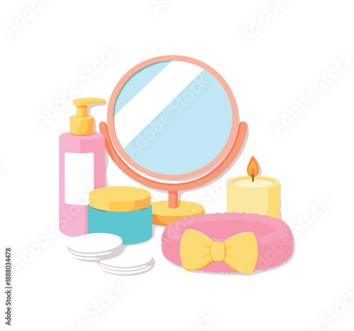 colorful flat vector skincare routine still life layered cutout paper shapes single : mirror lotion bottle blank jar blank cotton pads headband candle clean 2D crisp edges no subtle texture