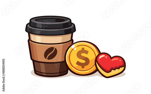 full color flat icon takeaway coffee cup next to coin and heart tiny treat budget choice
