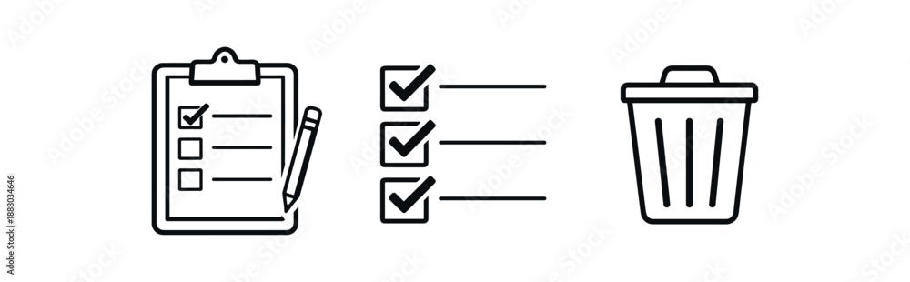 Fototapeta premium black and white outline digital checklist board checked items trash icon for completed tasks